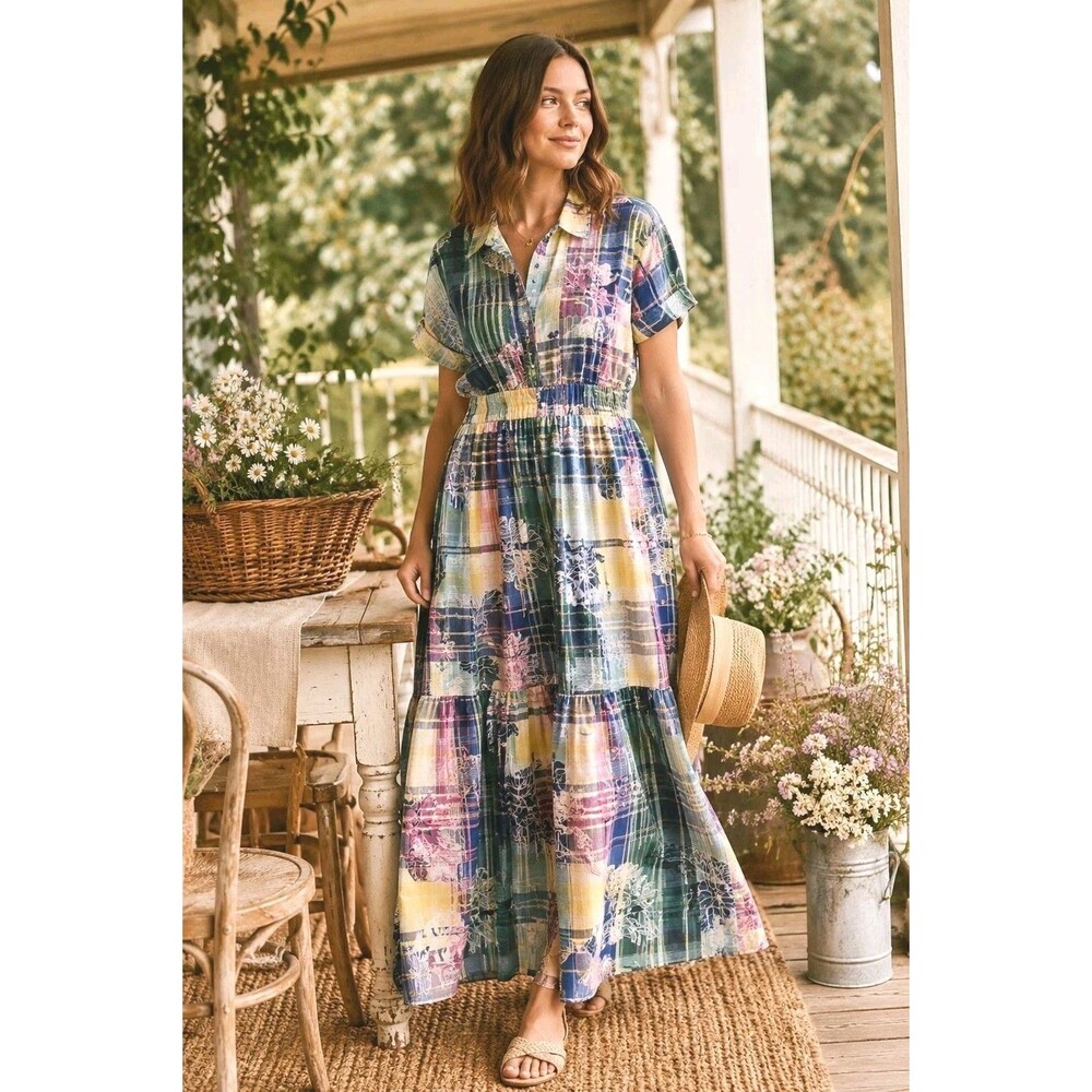 Anthropologie Pastel Plaid & Floral Tiered Maxi Dress